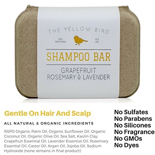 The Yellow Bird Solid Bar Shampoo Soap - Grapefruit, Rosemary, and Lavender - Mild Natural and Organic Ingredients - Sulfate Free - Gentle Scalp + Hair Care Avelisse