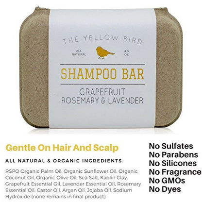 The Yellow Bird Solid Bar Shampoo Soap - Grapefruit, Rosemary, and Lavender - Mild Natural and Organic Ingredients - Sulfate Free - Gentle Scalp + Hair Care Avelisse