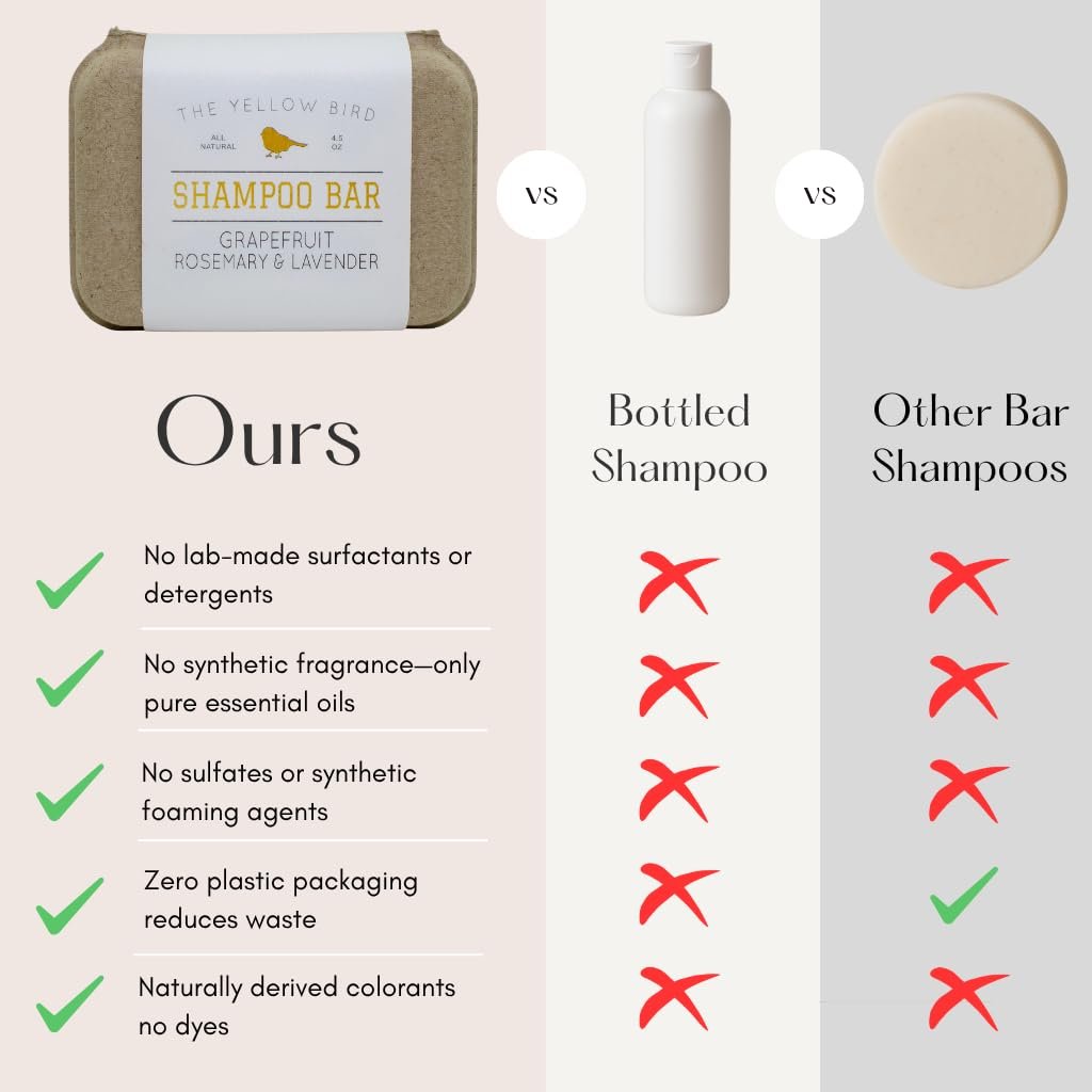 The Yellow Bird Solid Bar Shampoo Soap - Grapefruit, Rosemary, and Lavender - Mild Natural and Organic Ingredients - Sulfate Free - Gentle Scalp + Hair Care Avelisse