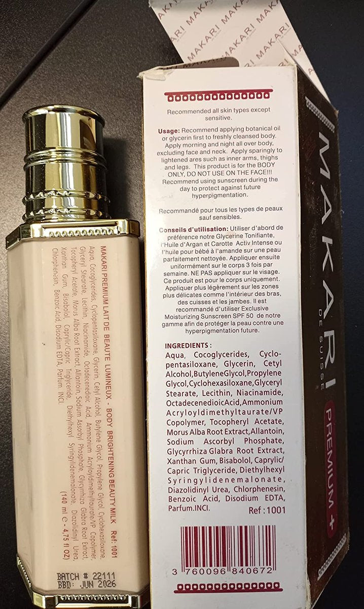 MAKARI Premium+ Body Brightening Beauty Milk - 4.57 fl oz | Anti-Aging Body Lotion for Soft, Smooth Skin | Helps Diminish Discolorations and Dark Marks | Enhances Luminosity and Vibrance Avelisse
