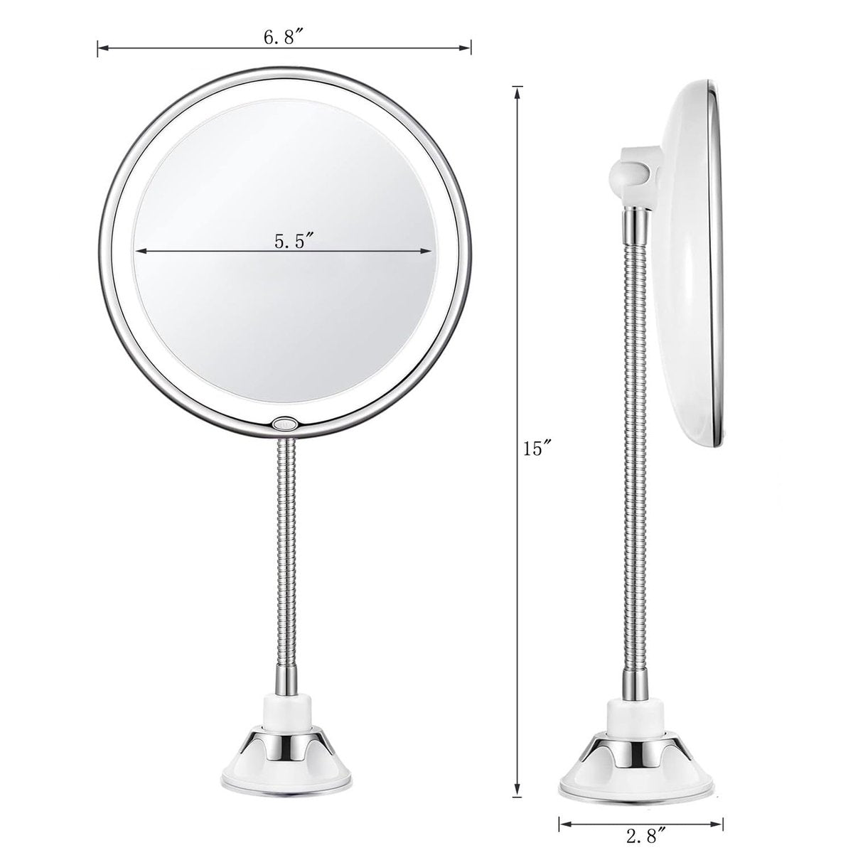 JiBen Flexible Gooseneck LED Lighted 10X Magnifying Makeup Mirror with Power Locking Suction Cup and 360 Degree Swivel, Portable Cordless Travel and Home Bathroom Vanity Mirror Avelisse