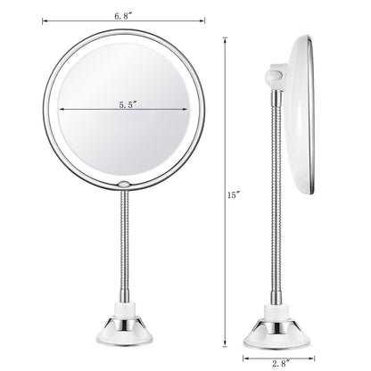 JiBen Flexible Gooseneck LED Lighted 10X Magnifying Makeup Mirror with Power Locking Suction Cup and 360 Degree Swivel, Portable Cordless Travel and Home Bathroom Vanity Mirror Avelisse