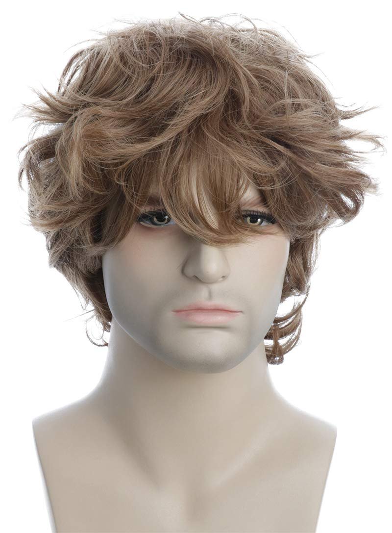 Karlery Male Short Curly Fluffy Brown Wig with Bangs - Synthetic Cosplay Wig Avelisse