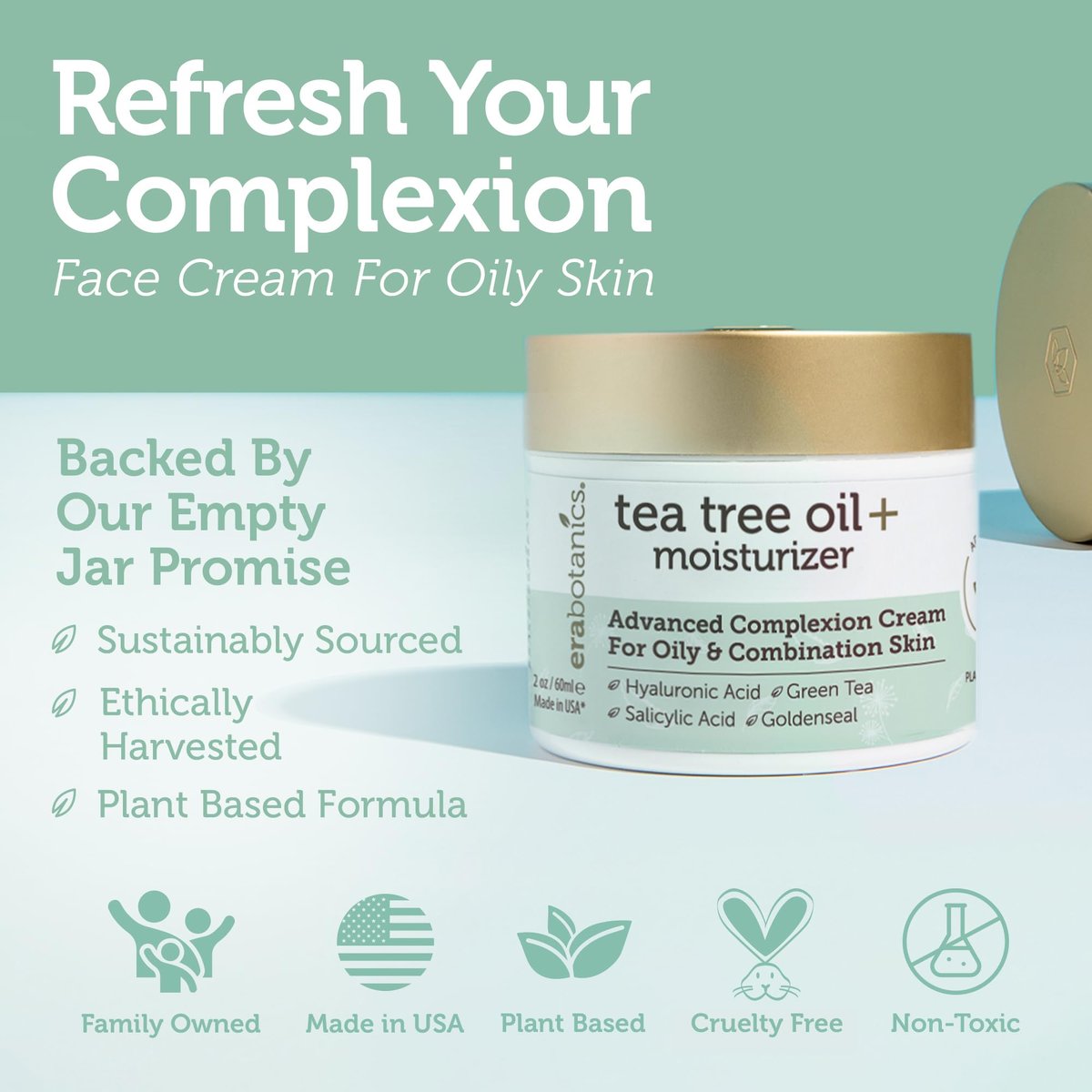 Era Organics Tea Tree Moisturizer Cream for Oily & Acne Prone Skin - Non-Greasy Face Cream with Salicylic Acid, Green Tea & Zinc - 2 oz Avelisse