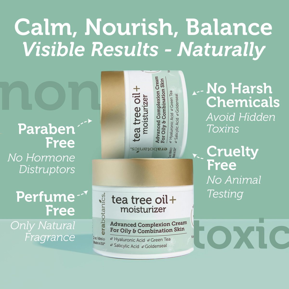 Era Organics Tea Tree Moisturizer Cream for Oily & Acne Prone Skin - Non-Greasy Face Cream with Salicylic Acid, Green Tea & Zinc - 2 oz Avelisse