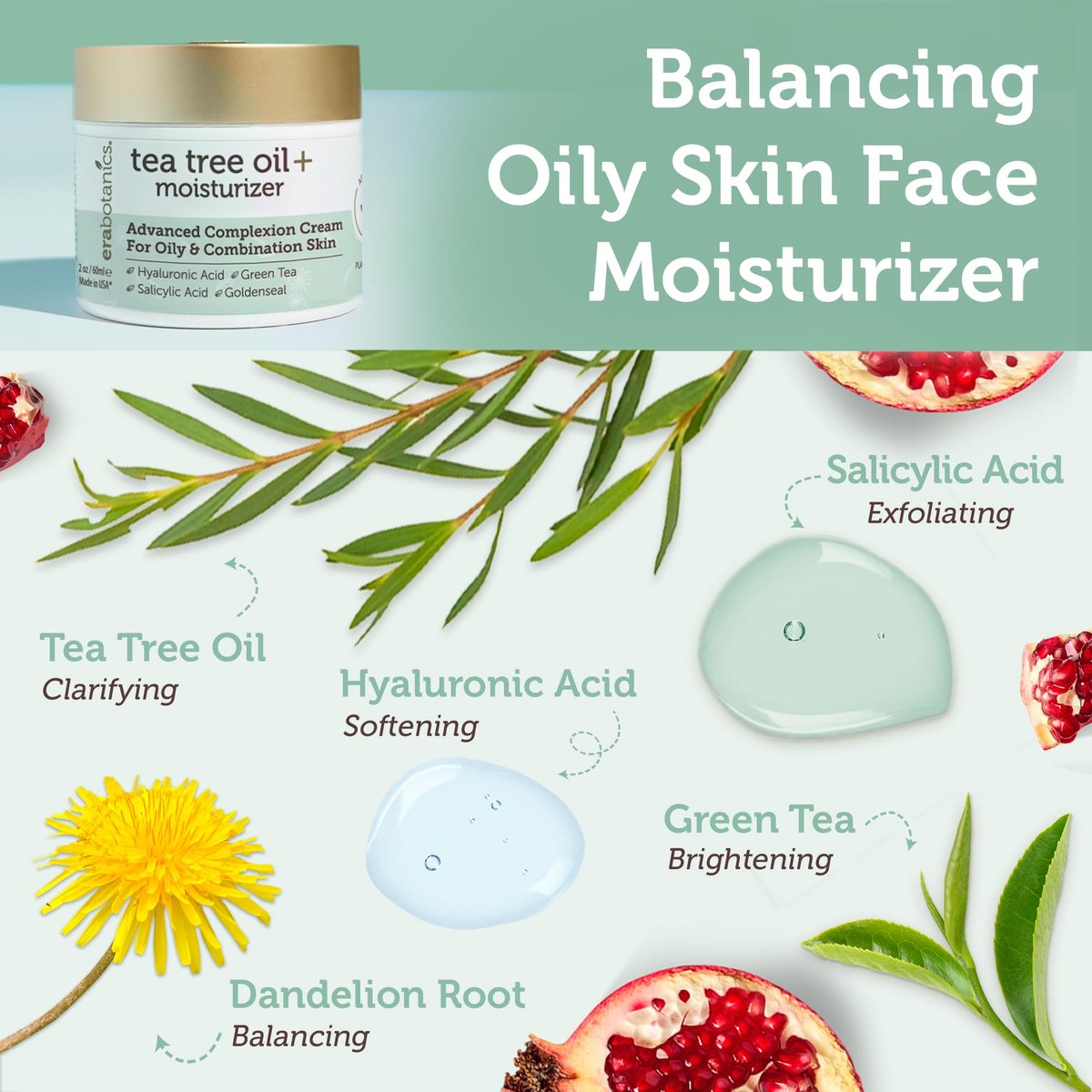 Era Organics Tea Tree Moisturizer Cream for Oily & Acne Prone Skin - Non-Greasy Face Cream with Salicylic Acid, Green Tea & Zinc - 2 oz Avelisse