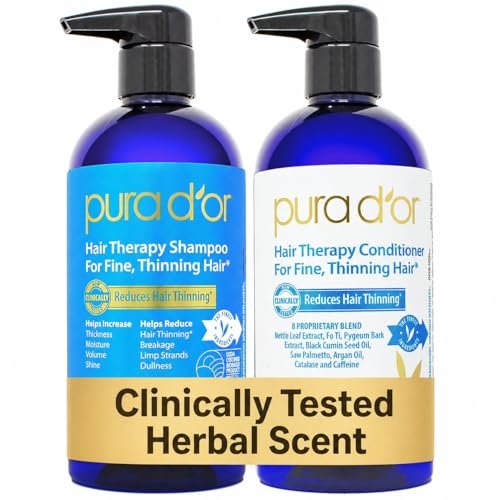PURA D'OR Hair Thinning Therapy Biotin Shampoo and Conditioner Set - Clinically Tested Hair Thickening Products for Women & Men, Herbal Scent, Color Safe, 16oz x2 Avelisse