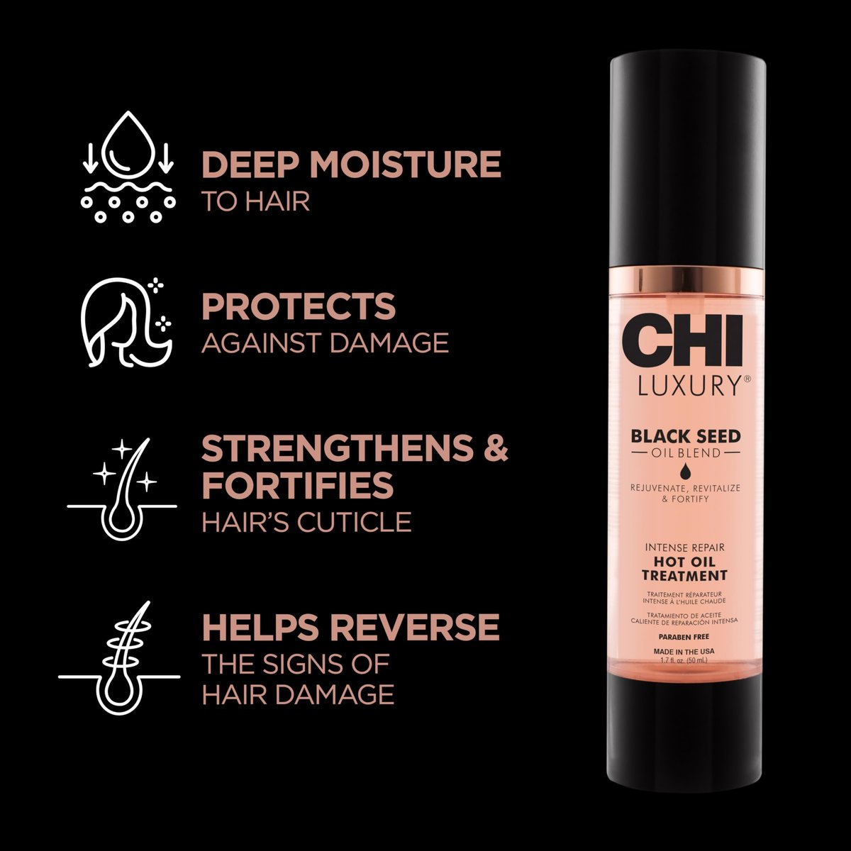 CHI Luxury Black Seed Oil Intense Repair Hot Oil Treatment - Moisturizes & Strengthens Dry & Damaged Hair - Sulfate, Paraben & Gluten-Free - 1.7 oz Avelisse
