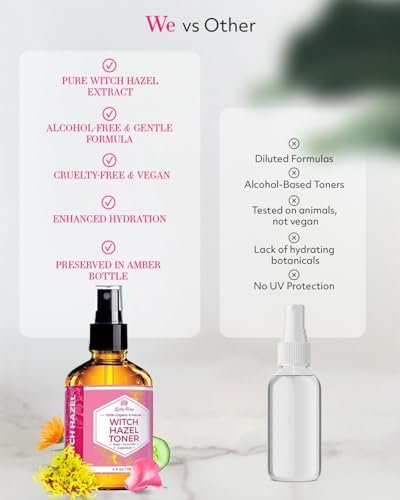 Leven Rose Witch Hazel Alcohol Free Toner - 100% Pure Organic Facial Rose Water with Rose Petals, Calendula, Cucumber, and Chamomile Flower, 4 oz Avelisse
