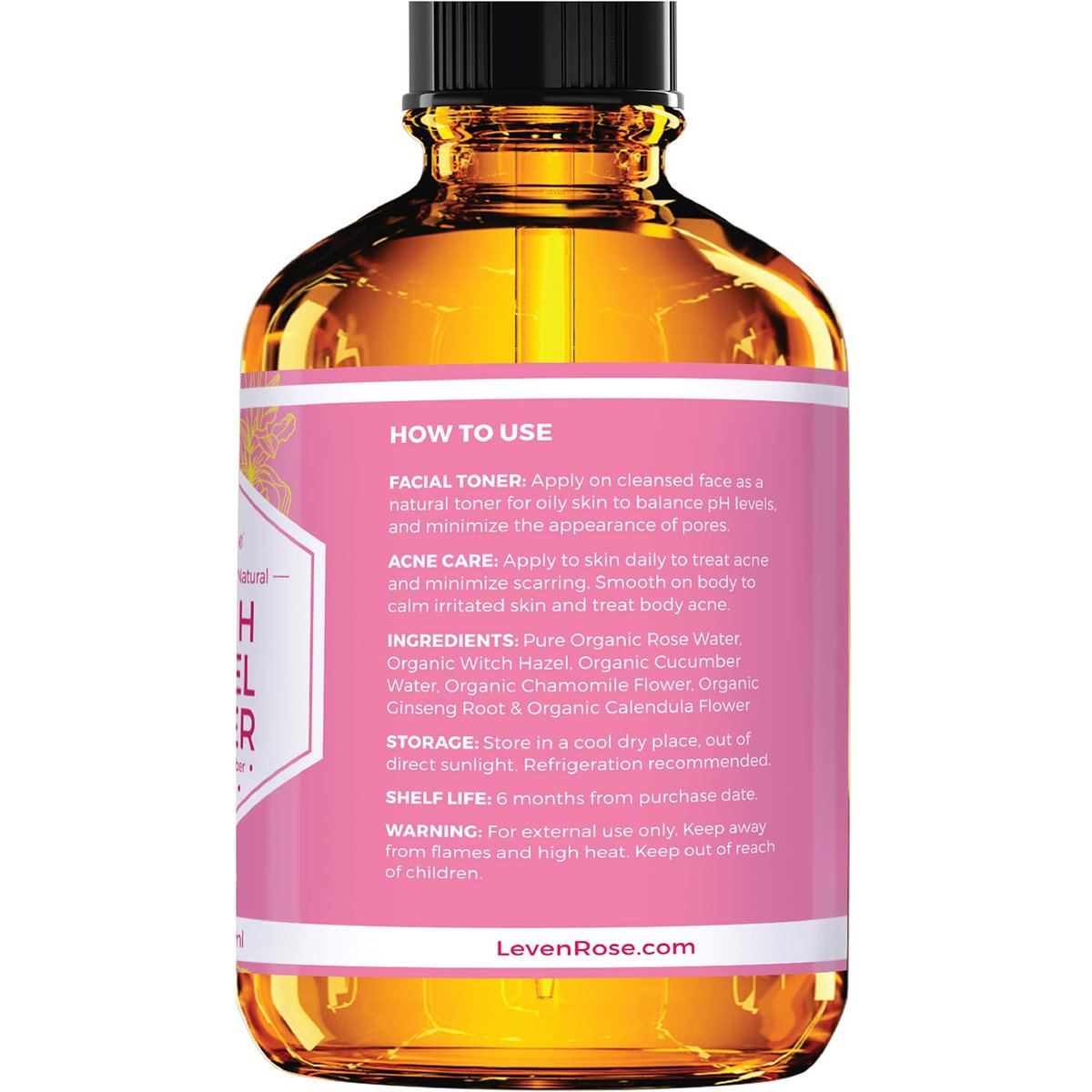 Leven Rose Witch Hazel Alcohol Free Toner - 100% Pure Organic Facial Rose Water with Rose Petals, Calendula, Cucumber, and Chamomile Flower, 4 oz Avelisse