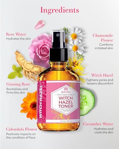Leven Rose Witch Hazel Alcohol Free Toner - 100% Pure Organic Facial Rose Water with Rose Petals, Calendula, Cucumber, and Chamomile Flower, 4 oz Avelisse