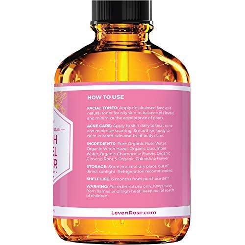 Leven Rose Witch Hazel Alcohol Free Toner - 100% Pure Organic Facial Rose Water with Rose Petals, Calendula, Cucumber, and Chamomile Flower, 4 oz Avelisse