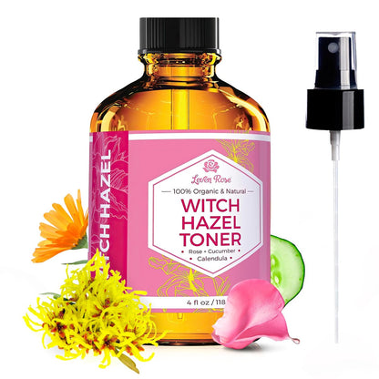 Leven Rose Witch Hazel Alcohol Free Toner - 100% Pure Organic Facial Rose Water with Rose Petals, Calendula, Cucumber, and Chamomile Flower, 4 oz Avelisse