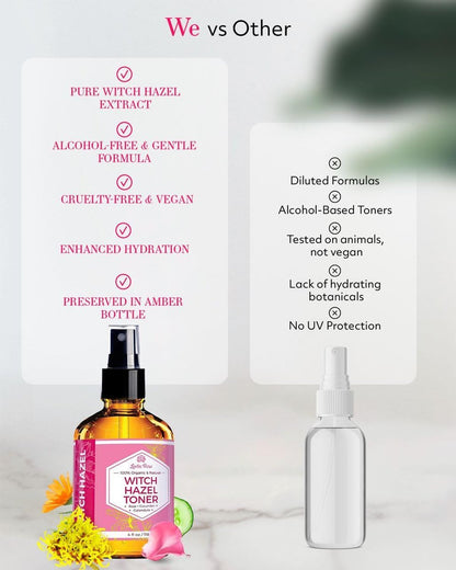 Leven Rose Witch Hazel Alcohol Free Toner - 100% Pure Organic Facial Rose Water with Rose Petals, Calendula, Cucumber, and Chamomile Flower, 4 oz Avelisse