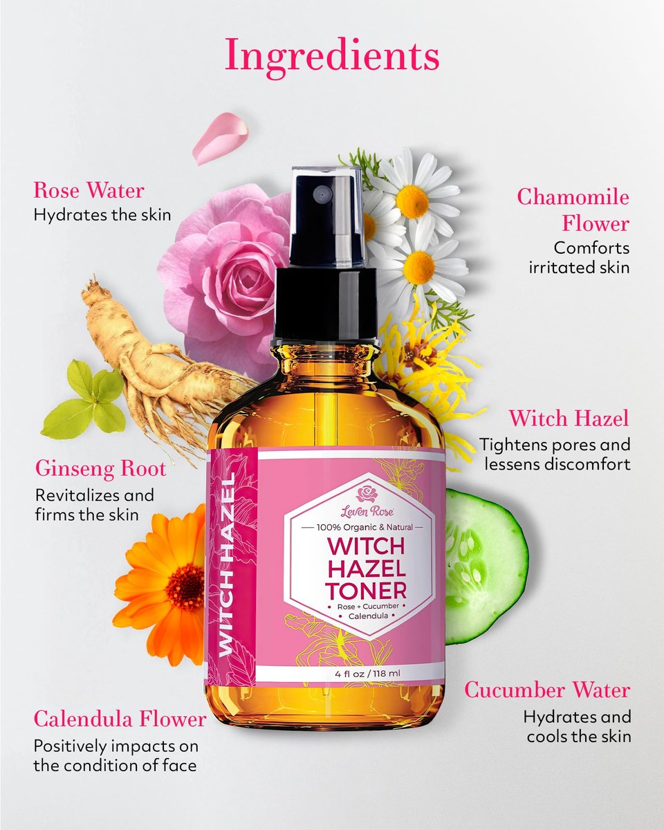 Leven Rose Witch Hazel Alcohol Free Toner - 100% Pure Organic Facial Rose Water with Rose Petals, Calendula, Cucumber, and Chamomile Flower, 4 oz Avelisse