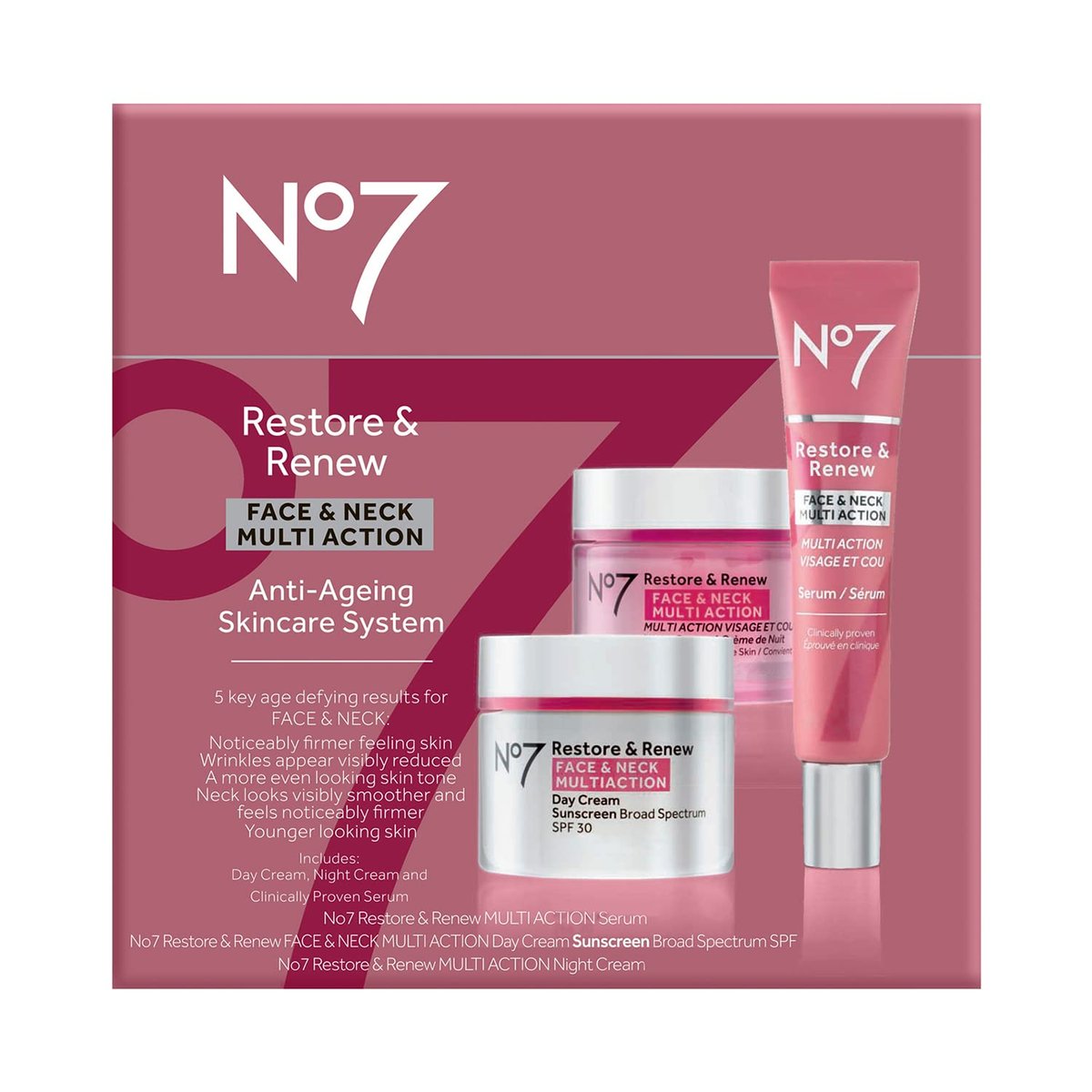 No7 Restore & Renew Face & Neck Multi Action Skincare System SPF 30 Day Cream, Anti-Aging Serum, Hyaluronic Acid Night Cream (3 Piece Kit) Avelisse