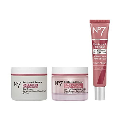 No7 Restore & Renew Face & Neck Multi Action Skincare System SPF 30 Day Cream, Anti-Aging Serum, Hyaluronic Acid Night Cream (3 Piece Kit) Avelisse