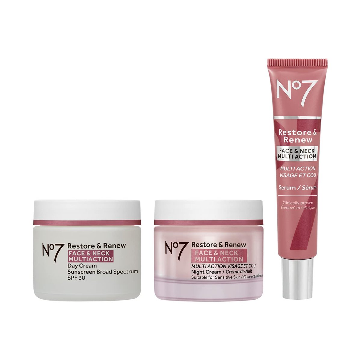 No7 Restore & Renew Face & Neck Multi Action Skincare System SPF 30 Day Cream, Anti-Aging Serum, Hyaluronic Acid Night Cream (3 Piece Kit) Avelisse