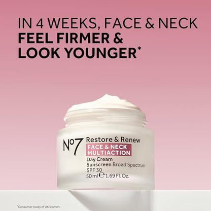 No7 Restore & Renew Face & Neck Multi Action Skincare System SPF 30 Day Cream, Anti-Aging Serum, Hyaluronic Acid Night Cream (3 Piece Kit) Avelisse