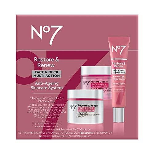 No7 Restore & Renew Face & Neck Multi Action Skincare System SPF 30 Day Cream, Anti-Aging Serum, Hyaluronic Acid Night Cream (3 Piece Kit) Avelisse