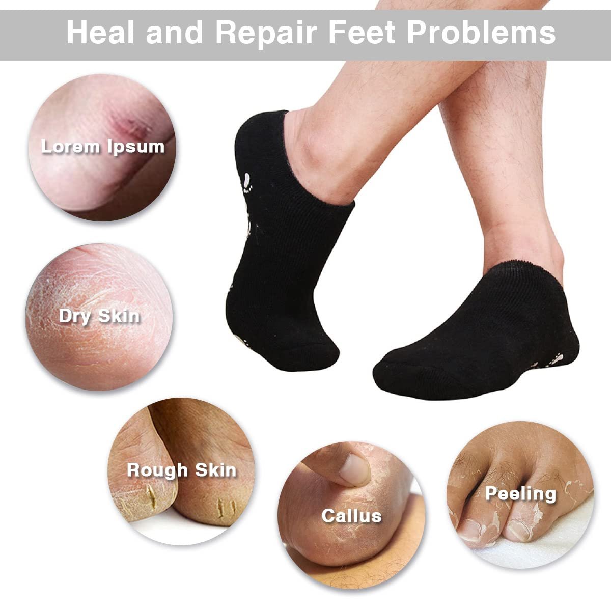 Codream Large Men's Moisturizing Gel Socks - Ultimate Foot Care for Dry, Cracked, Rough Skin - 2 Pairs Black, US Men 10-15 Avelisse