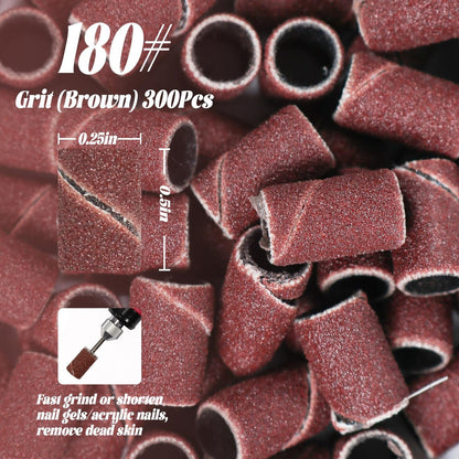 InnoLife 300-Pack Grit 180# Nail File Sanding Bands for 3/32" Shank Nail Drill Bits - Aluminum Oxide Replacement Bands Avelisse
