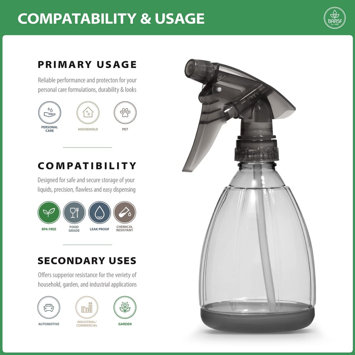 Bar5F 12 oz Plastic Spray Bottle, Smoke Grey – Leak Proof, Adjustable Nozzle, Refillable for Cleaning, Hair, and Cooking - görsel 5