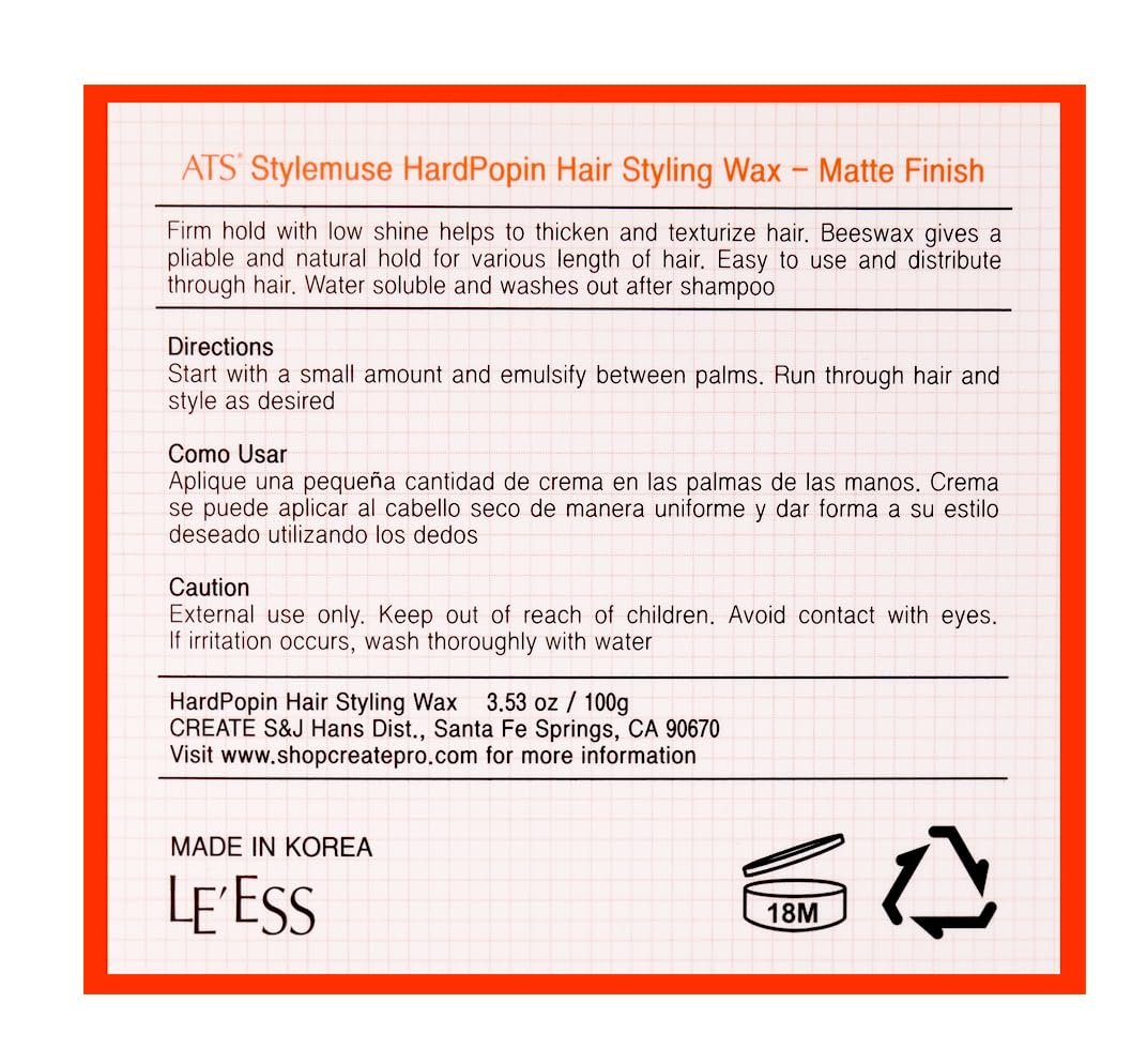 ATS Stylemuse Hard Popin Hair Styling Wax - Firm Hold Matte Molding Cream for Men and Women, 100g (3.53 oz) Avelisse