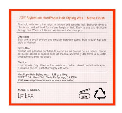 ATS Stylemuse Hard Popin Hair Styling Wax - Firm Hold Matte Molding Cream for Men and Women, 100g (3.53 oz) Avelisse