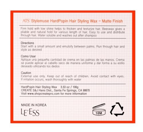 ATS Stylemuse Hard Popin Hair Styling Wax - Firm Hold Matte Molding Cream for Men and Women, 100g (3.53 oz) Avelisse