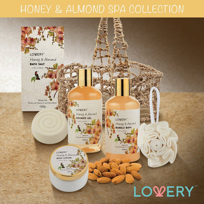 Luxury Spa Honey & Almond Gift Basket for Mom, Wife, Grandma, Daughter – Bath & Body Set with Shower Gel, Bubble Bath, Lotion, Salts, Bath Bomb & Puff in Handmade Basket Avelisse