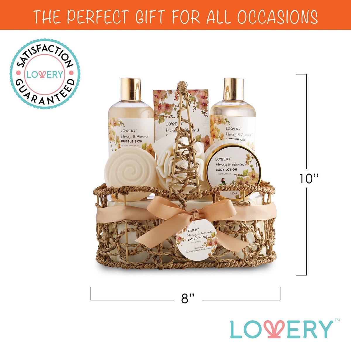 Luxury Spa Honey & Almond Gift Basket for Mom, Wife, Grandma, Daughter – Bath & Body Set with Shower Gel, Bubble Bath, Lotion, Salts, Bath Bomb & Puff in Handmade Basket Avelisse