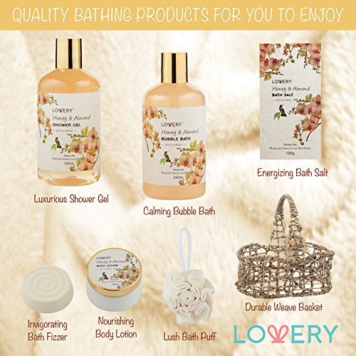 Luxury Spa Honey & Almond Gift Basket for Mom, Wife, Grandma, Daughter – Bath & Body Set with Shower Gel, Bubble Bath, Lotion, Salts, Bath Bomb & Puff in Handmade Basket Avelisse