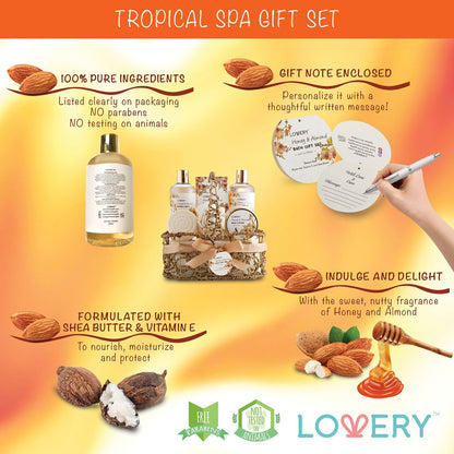 Luxury Spa Honey & Almond Gift Basket for Mom, Wife, Grandma, Daughter – Bath & Body Set with Shower Gel, Bubble Bath, Lotion, Salts, Bath Bomb & Puff in Handmade Basket Avelisse
