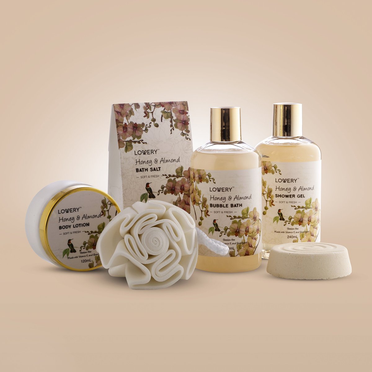 Luxury Spa Honey & Almond Gift Basket for Mom, Wife, Grandma, Daughter – Bath & Body Set with Shower Gel, Bubble Bath, Lotion, Salts, Bath Bomb & Puff in Handmade Basket Avelisse