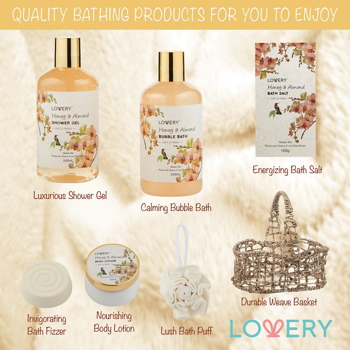 Luxury Spa Honey & Almond Gift Basket for Mom, Wife, Grandma, Daughter – Bath & Body Set with Shower Gel, Bubble Bath, Lotion, Salts, Bath Bomb & Puff in Handmade Basket Avelisse