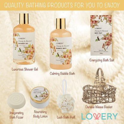 Luxury Spa Honey & Almond Gift Basket for Mom, Wife, Grandma, Daughter – Bath & Body Set with Shower Gel, Bubble Bath, Lotion, Salts, Bath Bomb & Puff in Handmade Basket Avelisse