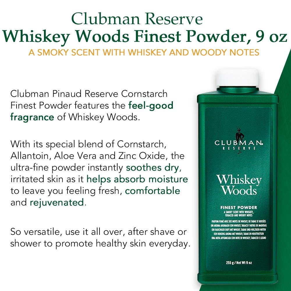 Clubman Reserve Whiskey Woods Finest Powder – Classic Men's Body Powder for Moisture & Odor Control, Barbershop Whiskey Wood Scent, 9 oz - görsel 8