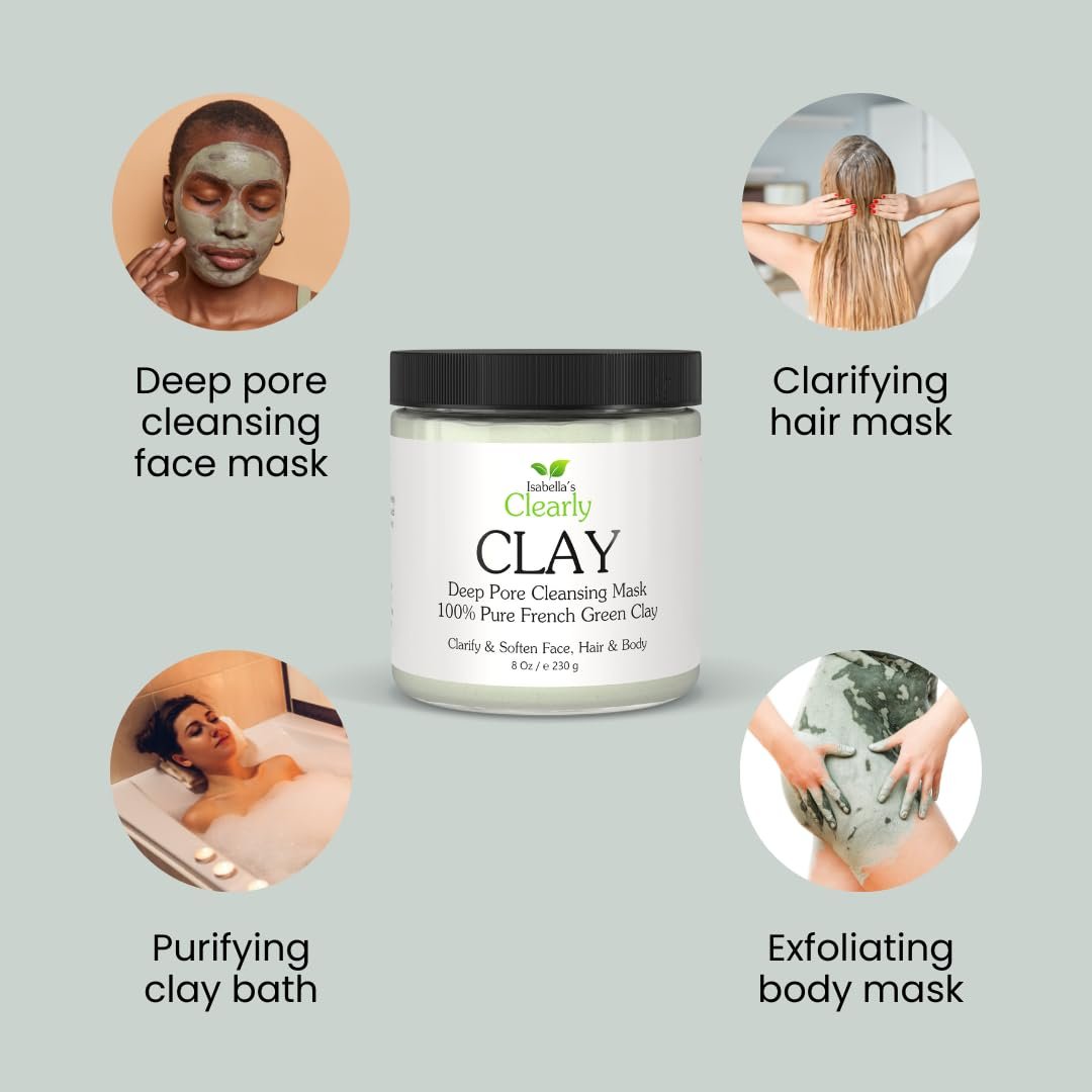 Clearly CLAY Deep Pore Cleansing Facial Mask | 100% Pure French Green Clay Powder for Acne, Blackheads, Dry & Oily Skin | Non-Drying Anti-Aging Natural Mineral Clay (Bulk 8 Oz) - görsel 9