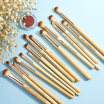Jessup 15-Piece Bamboo Eye Makeup Brushes Set - Premium Synthetic Eyeshadow Blending, Concealer, Eyebrow & Eyeliner Brushes
