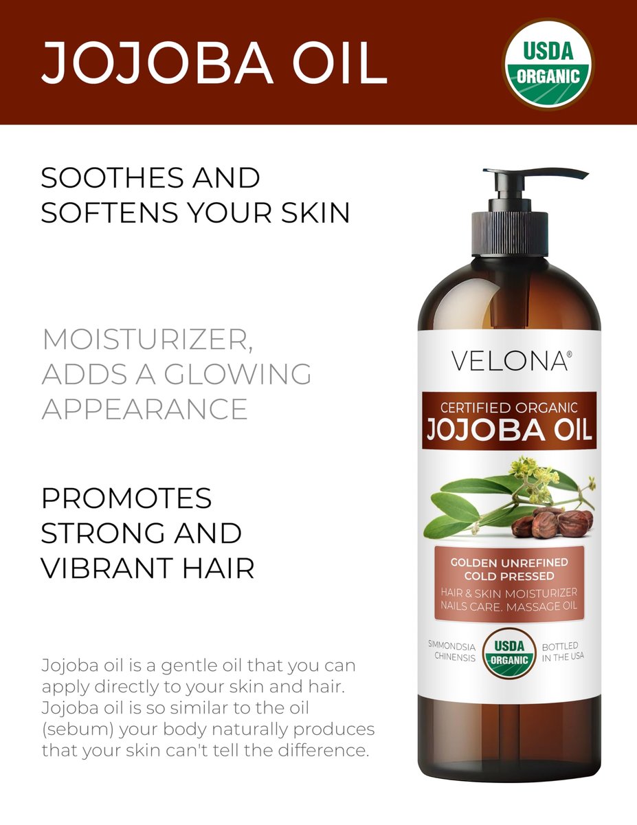 velona Jojoba Oil USDA Certified Organic - 8 fl oz (With Pump) | 100% Pure and Natural Golden Unrefined Cold Pressed Hexane Free Moisturizing Face Hair Body Skin Care - görsel 3