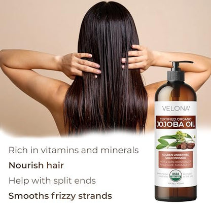 velona Jojoba Oil USDA Certified Organic - 8 fl oz (With Pump) | 100% Pure and Natural Golden Unrefined Cold Pressed Hexane Free Moisturizing Face Hair Body Skin Care