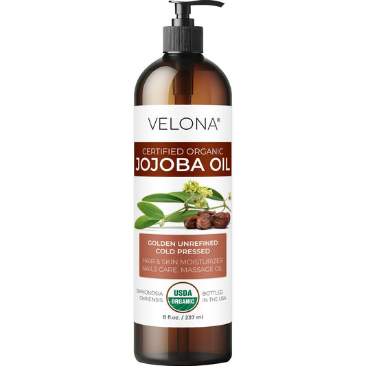 velona Jojoba Oil USDA Certified Organic - 8 fl oz (With Pump) | 100% Pure and Natural Golden Unrefined Cold Pressed Hexane Free Moisturizing Face Hair Body Skin Care