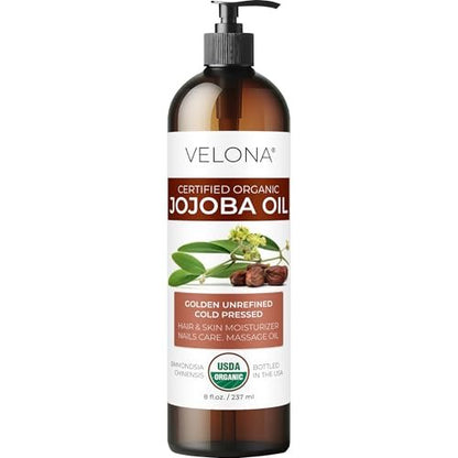 velona Jojoba Oil USDA Certified Organic - 8 fl oz (With Pump) | 100% Pure and Natural Golden Unrefined Cold Pressed Hexane Free Moisturizing Face Hair Body Skin Care