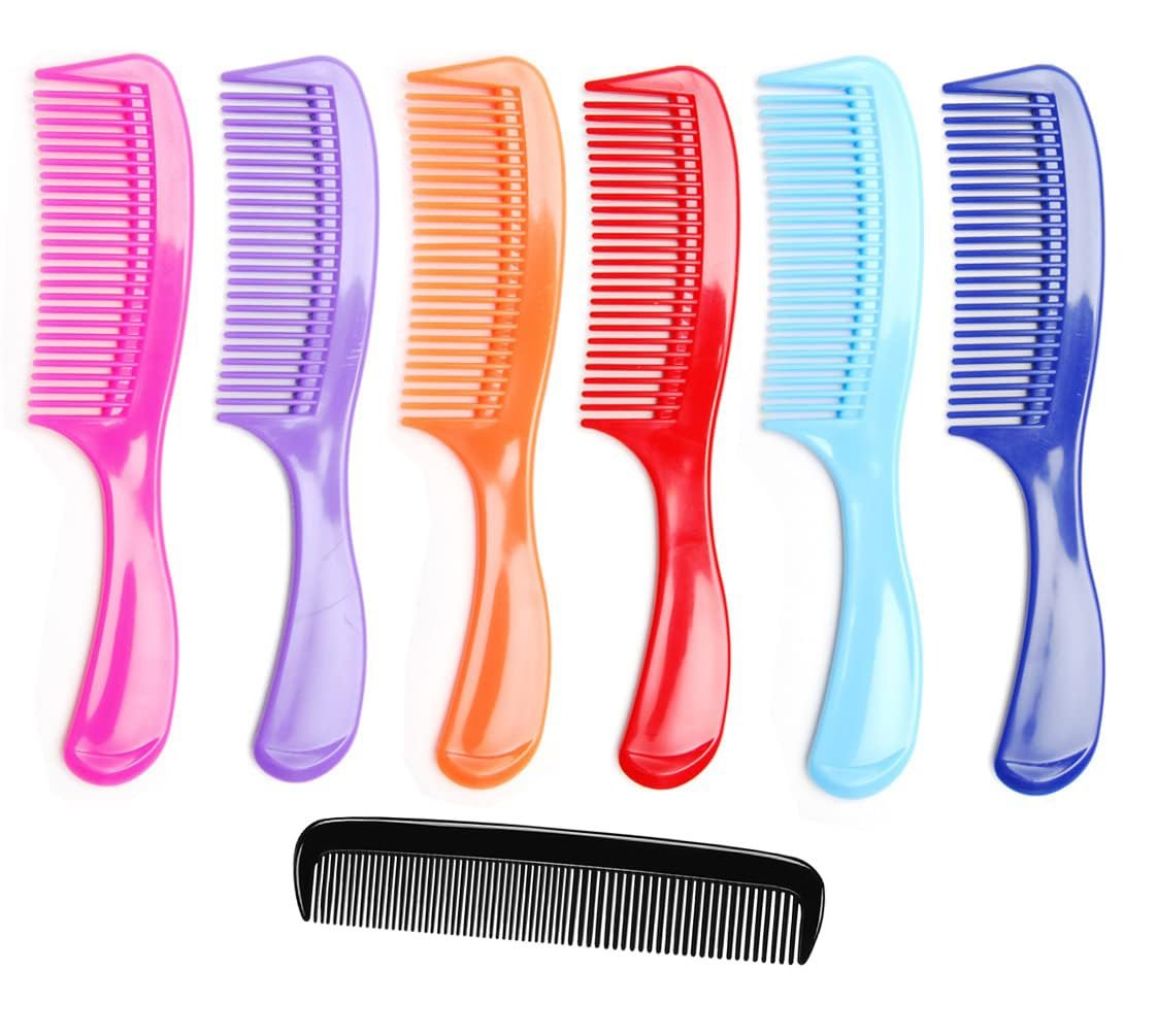 LUXXII 8-Inch Colorful Styling Essentials Round Handle Comb Hair Combs (6 Pack) + 5-Inch Favorict Pocket Comb (A) - Multicolor Plastic Combs for Fine, Thick, Curly Hair - Men, Women & Kids - görsel 1