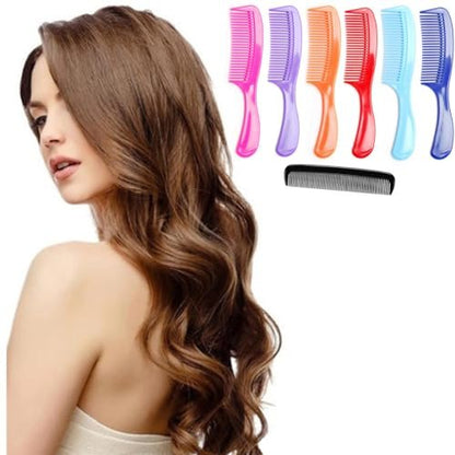 LUXXII 8-Inch Colorful Styling Essentials Round Handle Comb Hair Combs (6 Pack) + 5-Inch Favorict Pocket Comb (A) - Multicolor Plastic Combs for Fine, Thick, Curly Hair - Men, Women & Kids