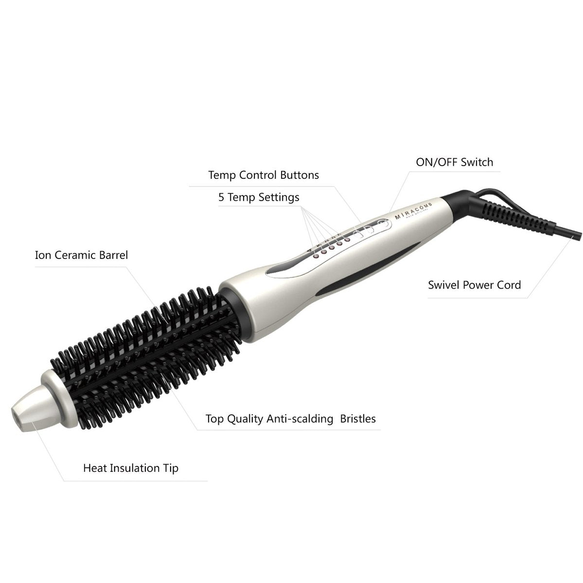 MIRACOMB Hair Curler Straightening Brush Ceramic Tourmaline Cool Touch PRO Multi Styler with 5 Heat Adjustments 1 Inch Barrel Auto Shut Off, Pearl White Avelisse