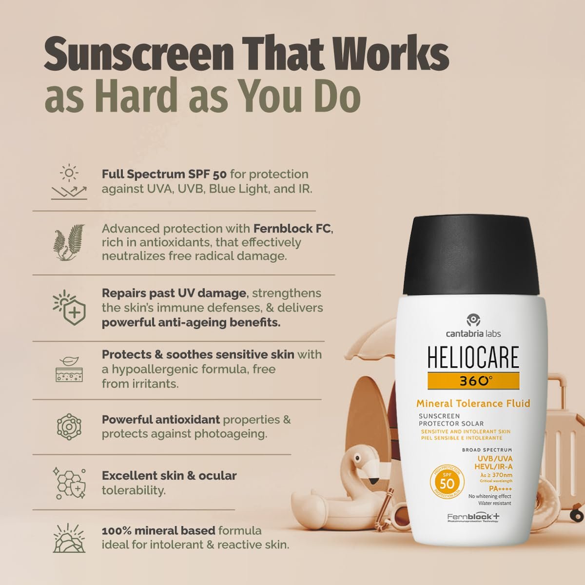 Heliocare 360 Mineral Tolerance Fluid SPF 50 - 50ml | Lightweight Sunscreen for Sensitive Skin Avelisse