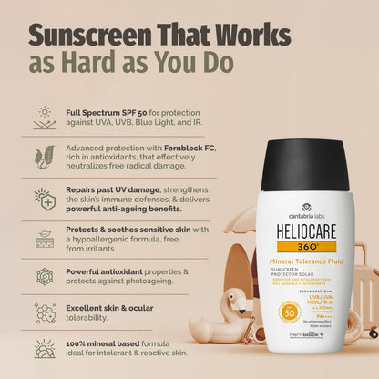 Heliocare 360 Mineral Tolerance Fluid SPF 50 - 50ml | Lightweight Sunscreen for Sensitive Skin Avelisse