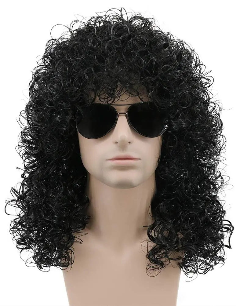 karlery 70s 80s Mens Long Curly Black Wig Afro Punk Rocker Halloween Party Costume Wig Avelisse